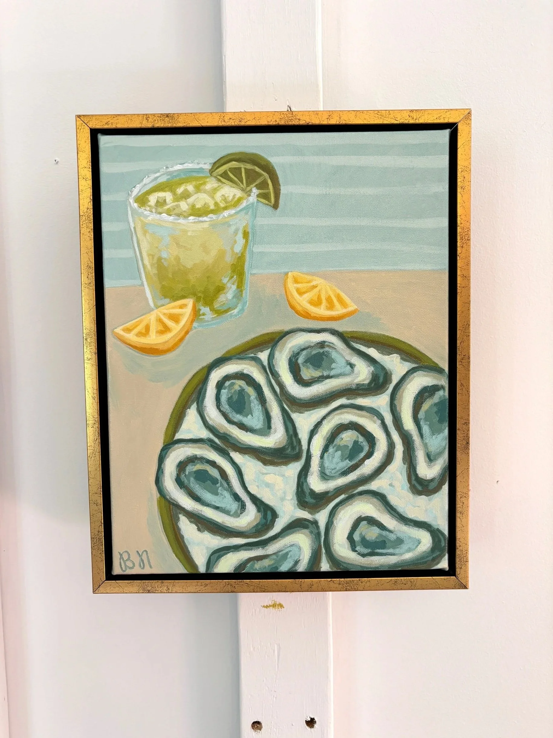 Oysters and a margarita acrylic painting in blue and green coastal tones.
