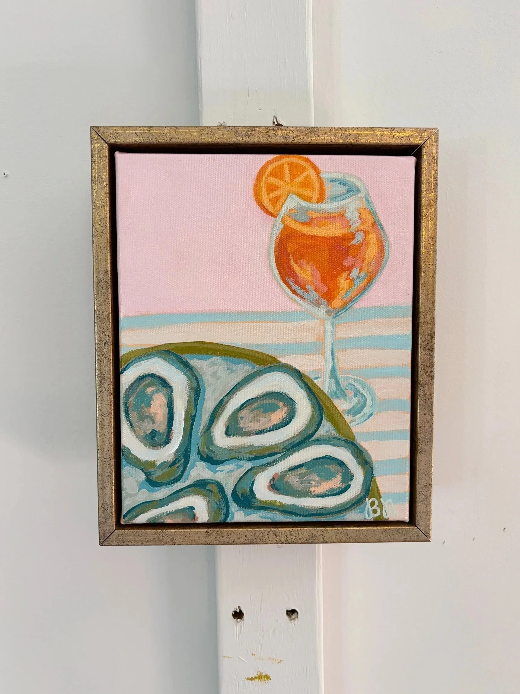 Oysters and an Aperol Spritz acrylic painting in vibrant coastal colors.