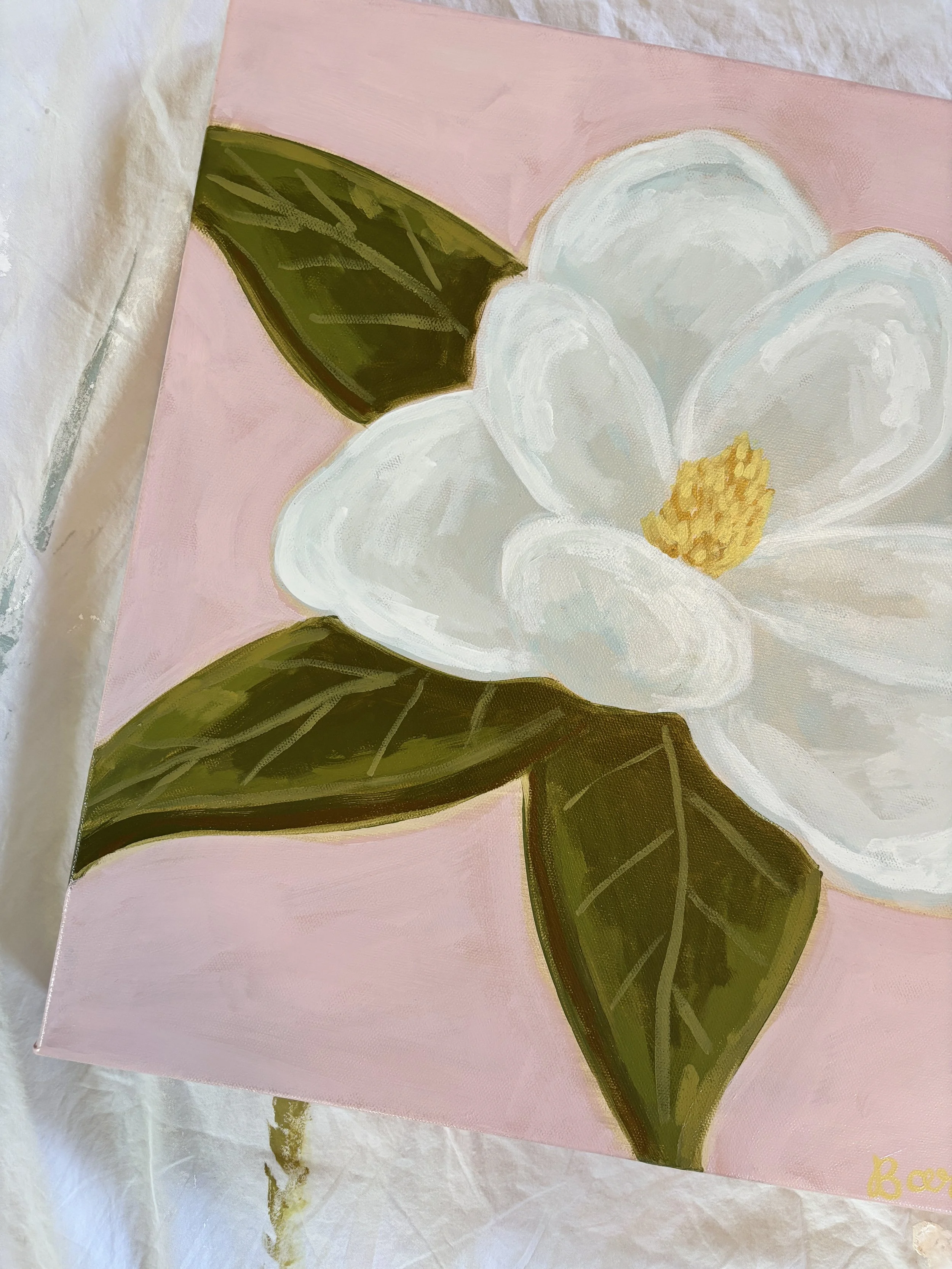 Original acrylic magnolia painting in soft pink, cream, and green tones.