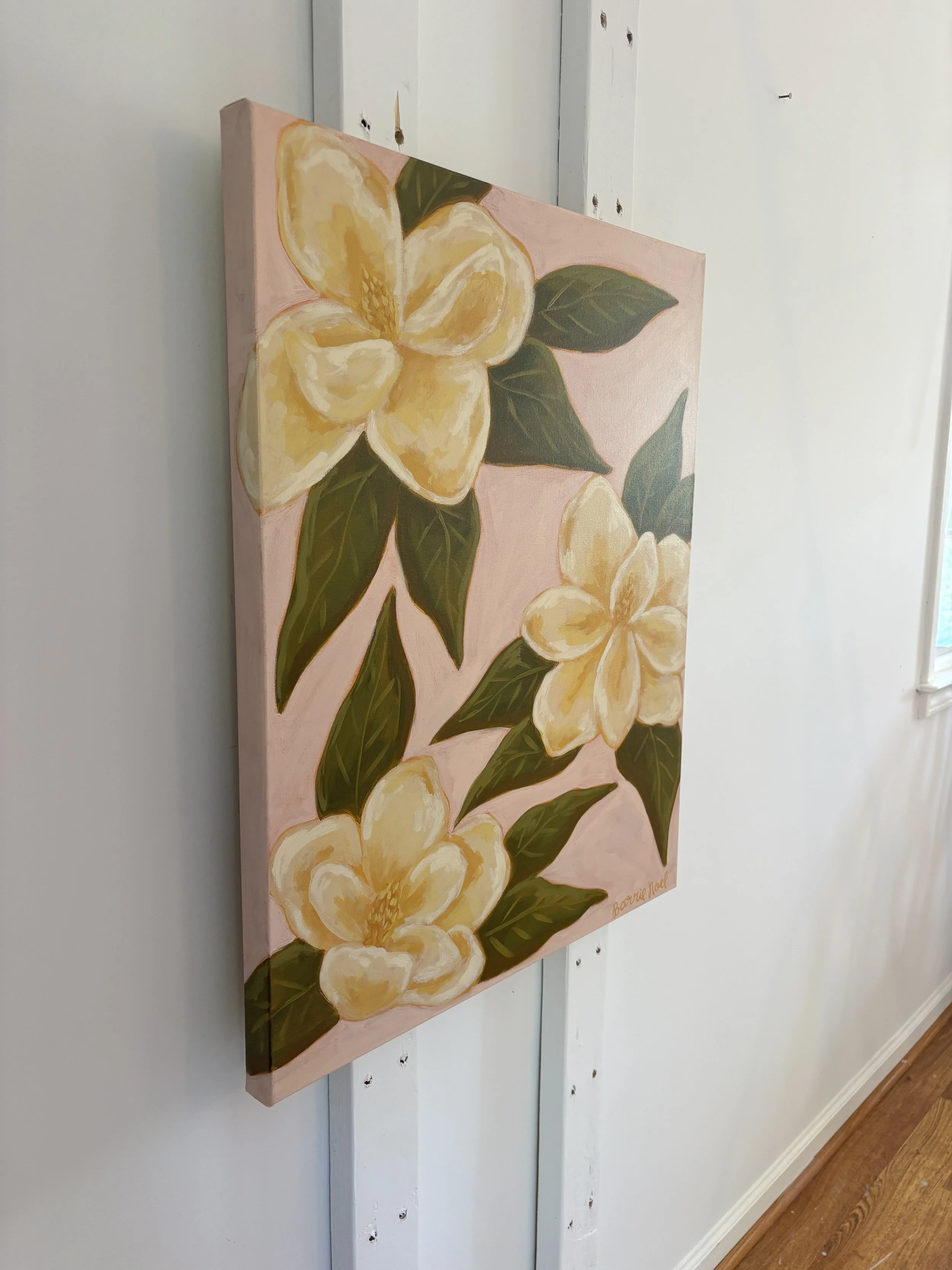 Original acrylic magnolia painting in soft pink, cream, and green tones.