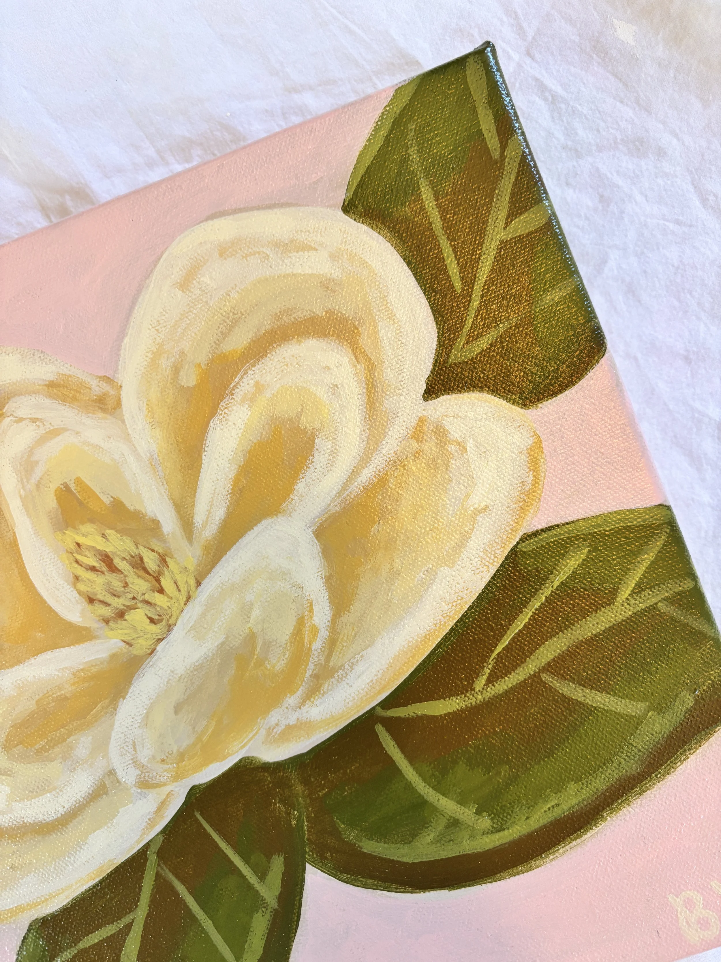Original acrylic magnolia painting in soft pink, cream, and green tones.
