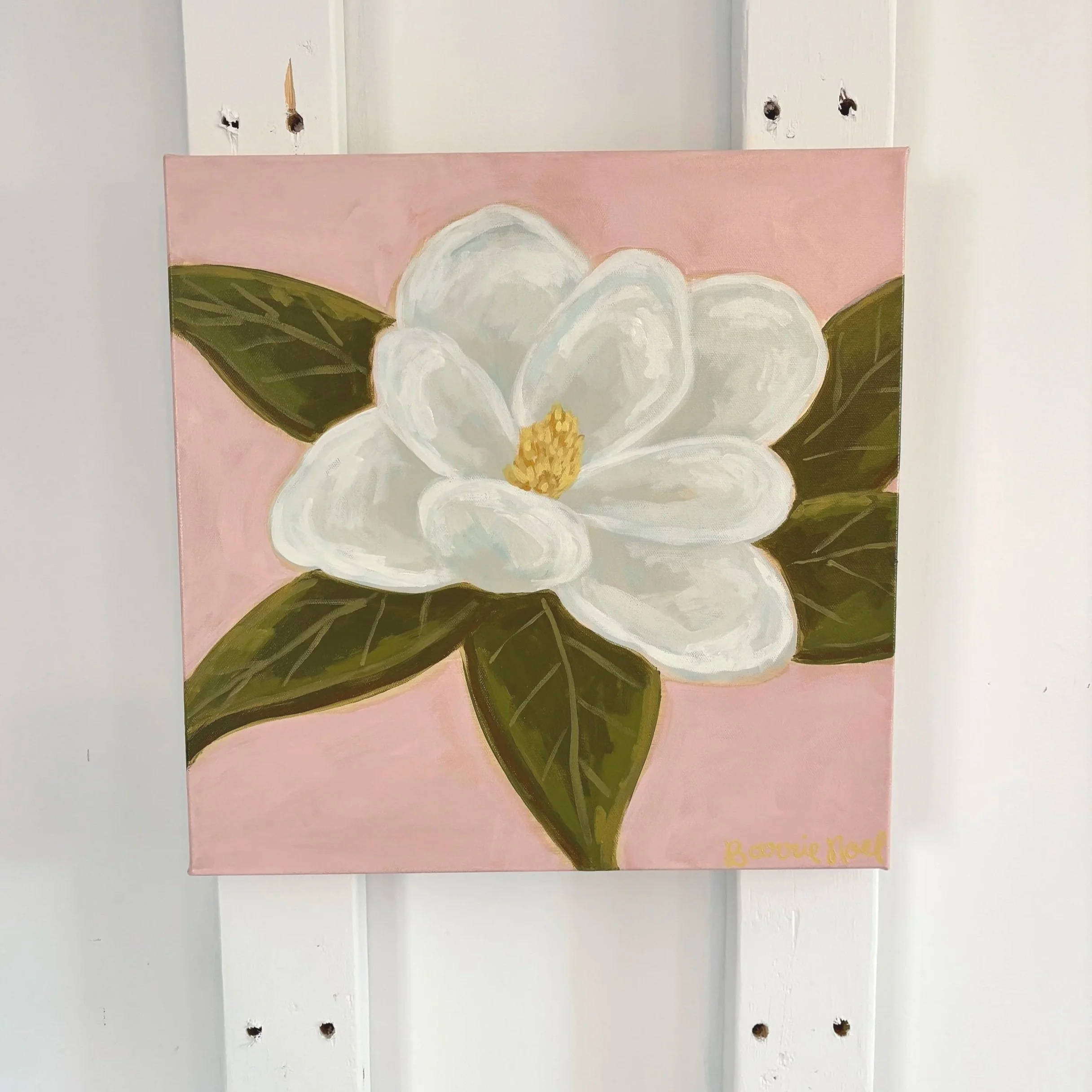 Original acrylic magnolia painting in soft pink, cream, and green tones.