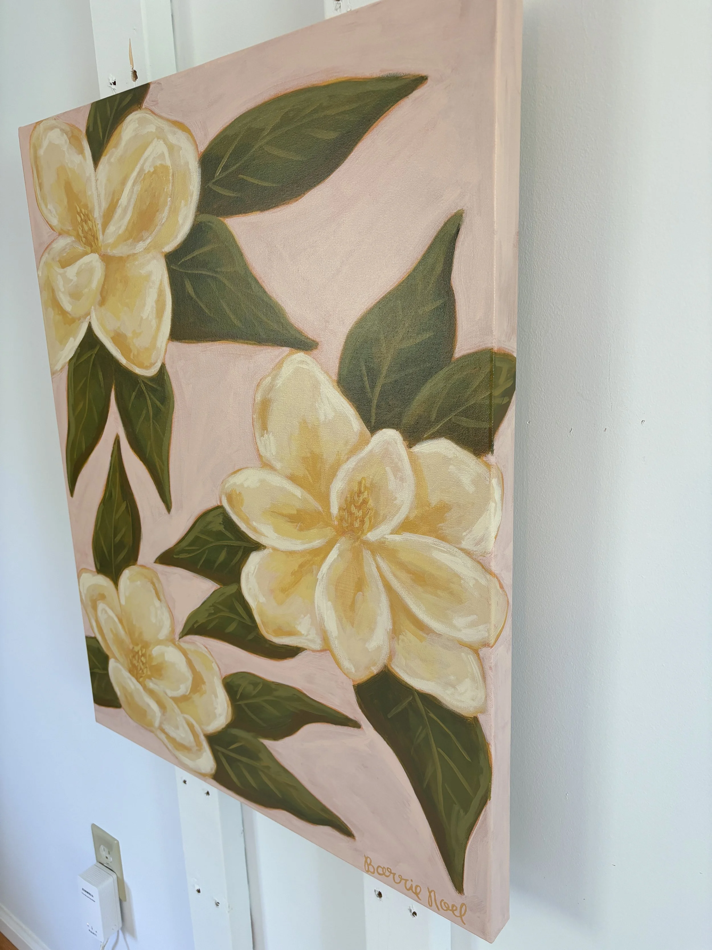 Original acrylic magnolia painting in soft pink, cream, and green tones.