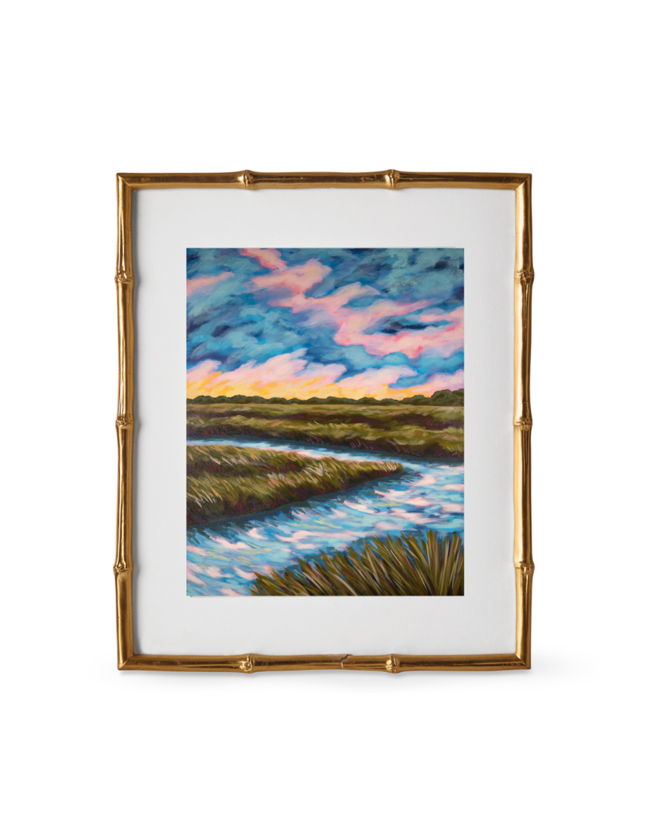 Here You Come Again is a colorful Lowcountry marsh art print featuring deep blues and vibrant pinks, capturing the beauty of a peaceful evening.