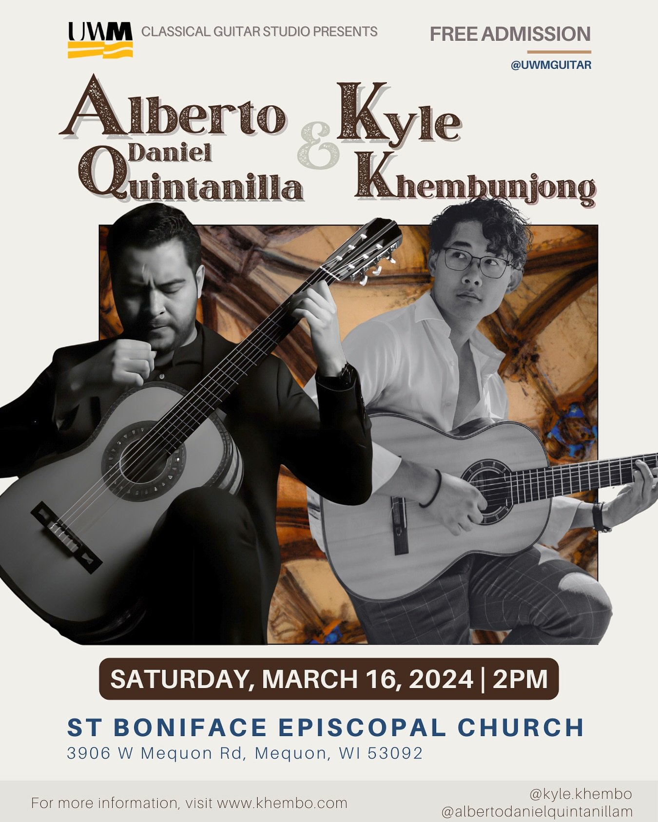 Hello friends of Milwaukee!! 👋 catch me and @albertodanielquintanillam for a shared guitar recital on March 16th at 2:00pm at the St. Boniface Episcopal Church! Super excited for this!!!
Hope to see you there!

.
.
.
.
#🎸 #classicalguitar #guitar #