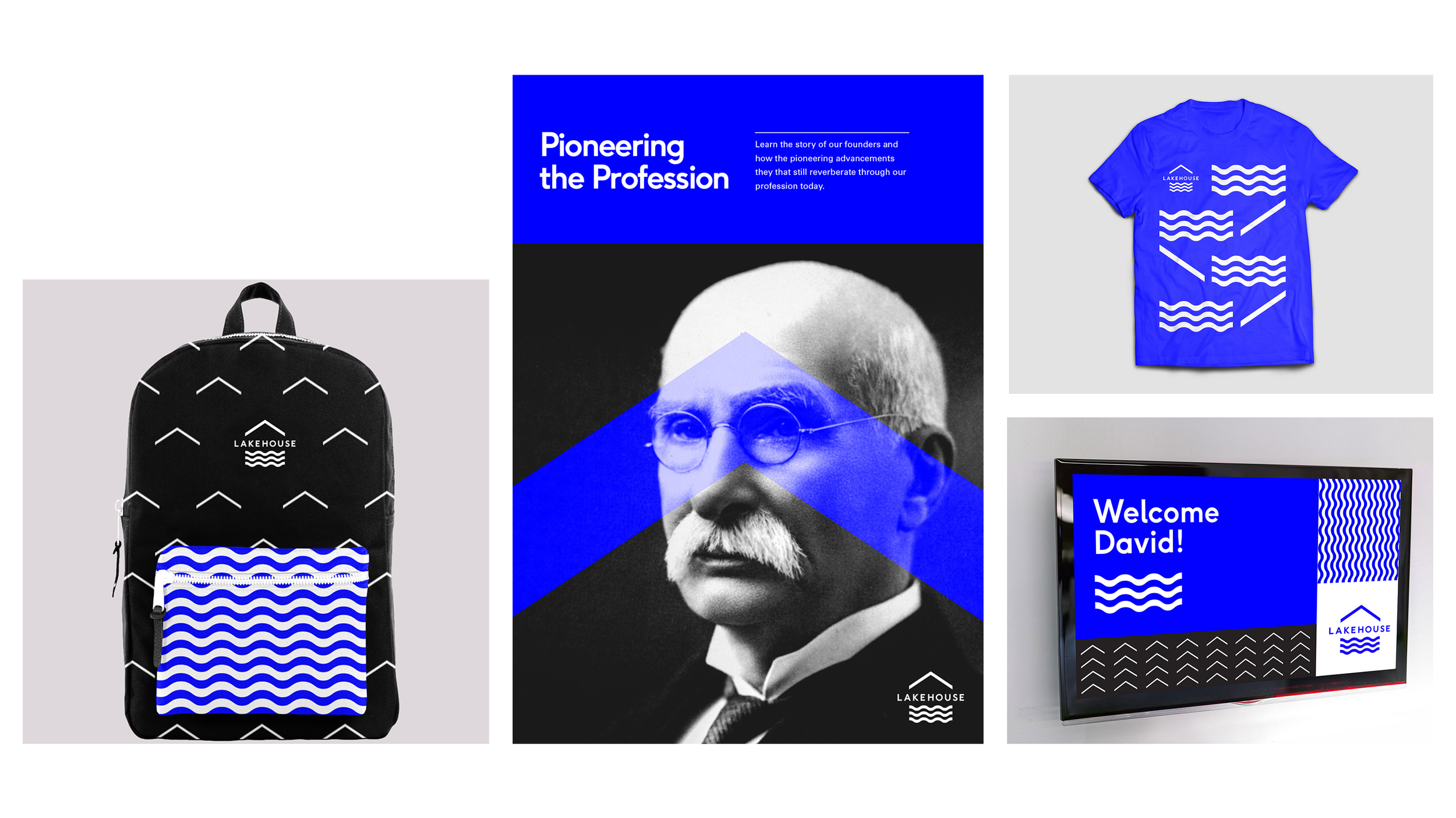 Collection of branded items for Lakehouse company including a black backpack with white pattern and blue wave pocket, a blue T-shirt with white graphic, a framed display with the message "Welcome David!" and blue wave and mountain mountain graphics, and a poster of a historical figure with the heading "Pioneering the Profession" and blue geometric overlays.