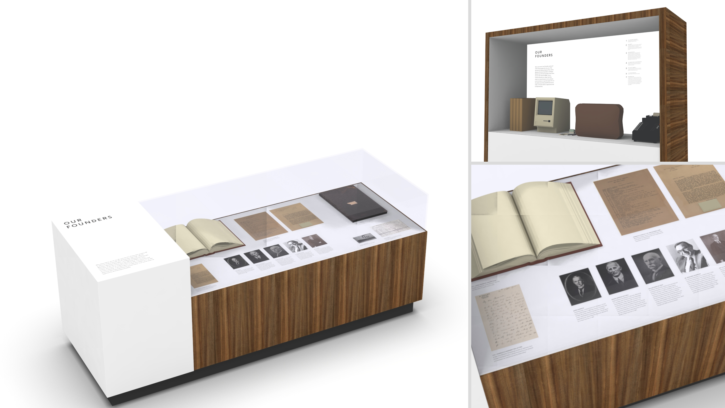 Display case with historical documents and photographs about founders, including an open book, handwritten notes, and portraits of historical figures.