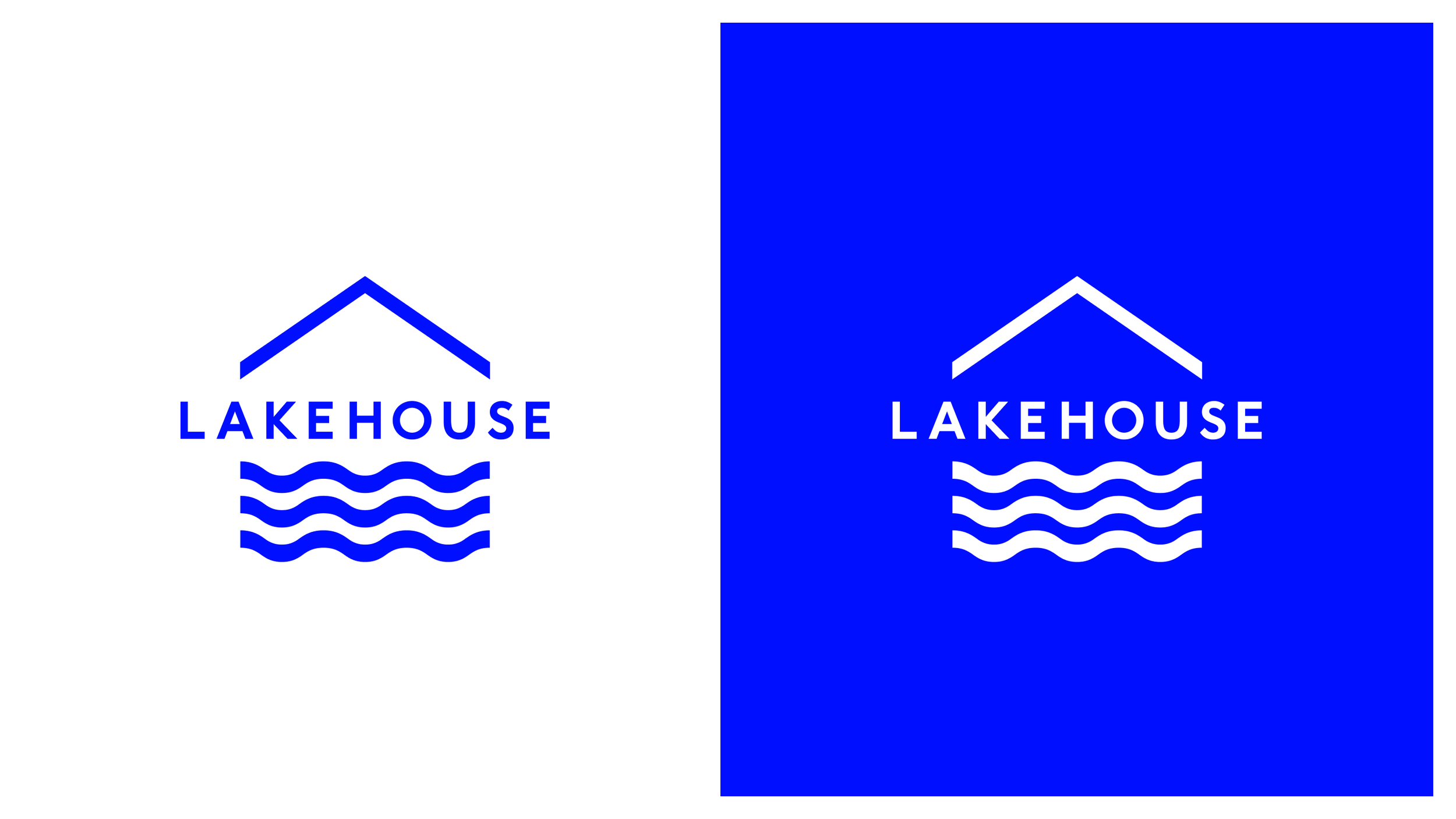 Logo of Lakehouse with a house roof, the word 'LAKEHOUSE' in the center, and three wavy lines below representing water, shown on a white background on the left and a blue background on the right.