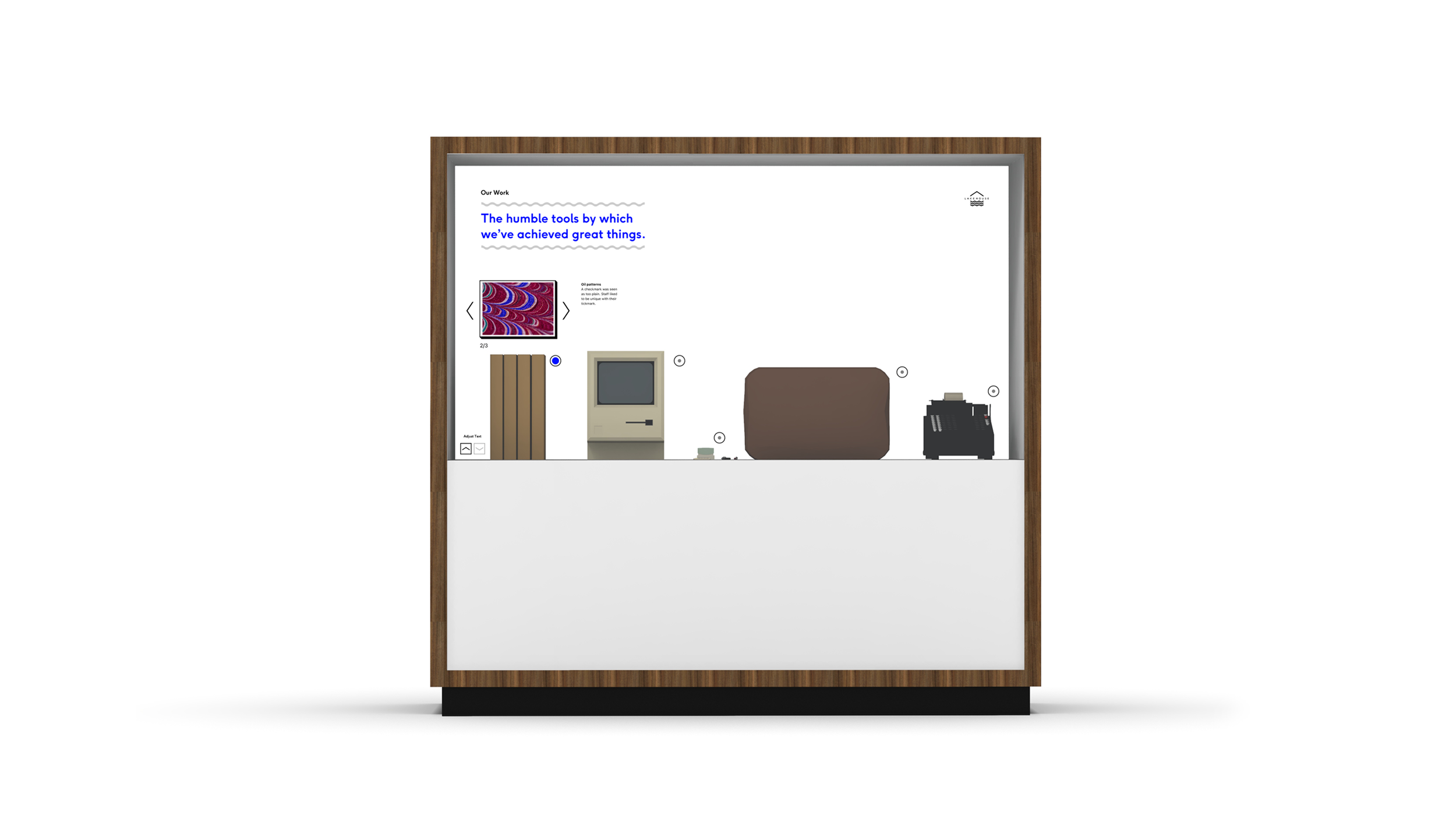 Display showcasing various vintage technology items including a computer monitor, old television, typewriter, and a book, with a motivational quote in blue text at the top.