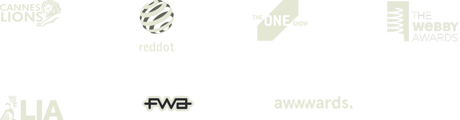 Black background with multiple awards logos and text, including the Cannes Lions logo, Red Dot logo, The One Show logo, The Webby Awards logo, LIA logo, FWA logo, and the words "awwwards."