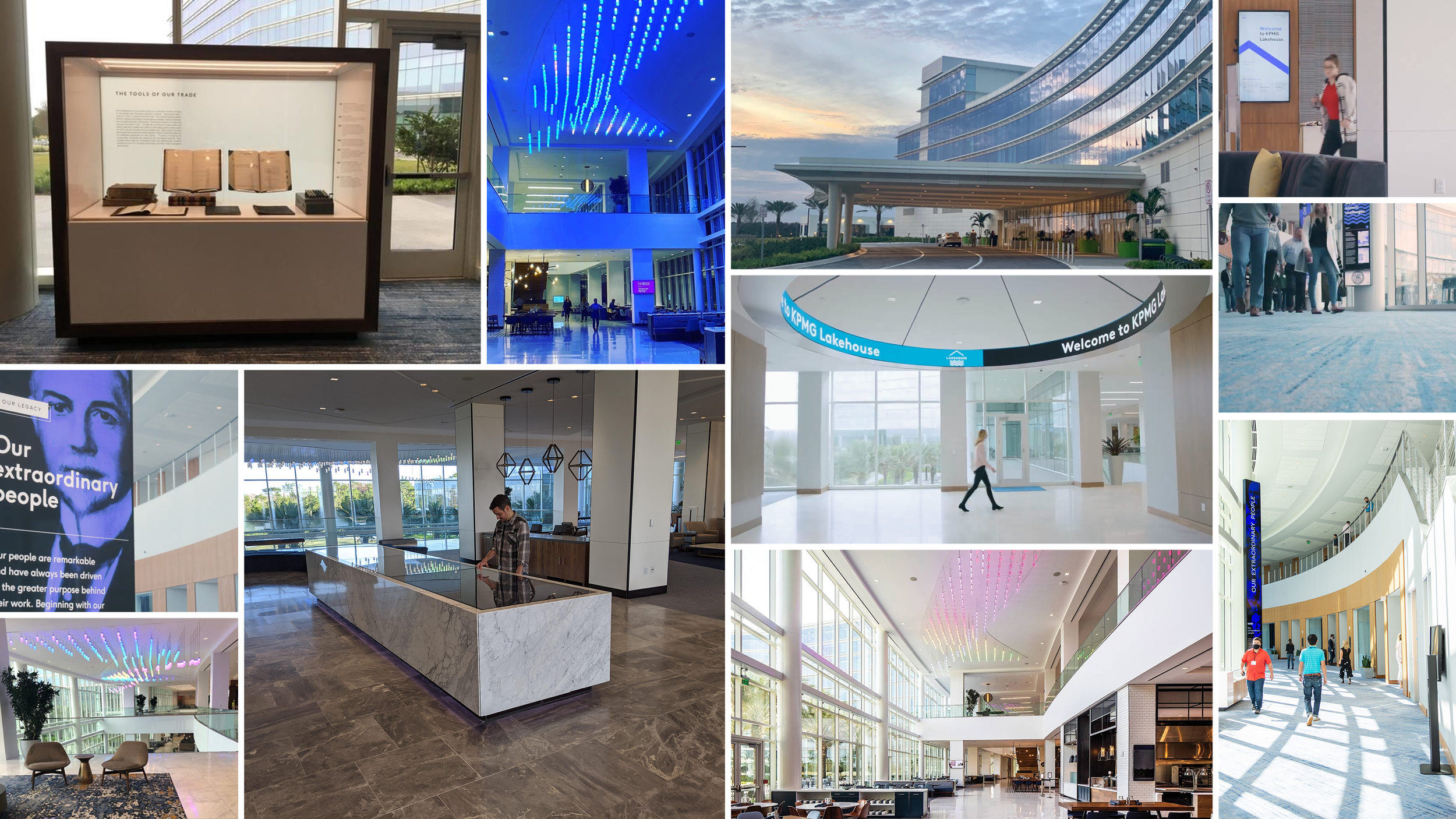 Collage of images showcasing modern office building interior and exterior spaces, including reception area, lobby, conference rooms, hallways, digital displays, and people walking through the building.