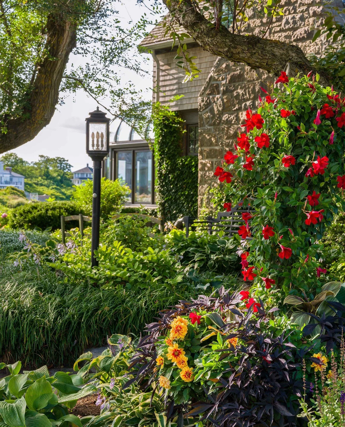 Seasonal containers and garden beds bring color, texture, and personality to every corner of your property, like this red mandevilla climbing up a trellis and cheerful dahlias spilling from a mixed planter. While we're in the depths of winter, add so