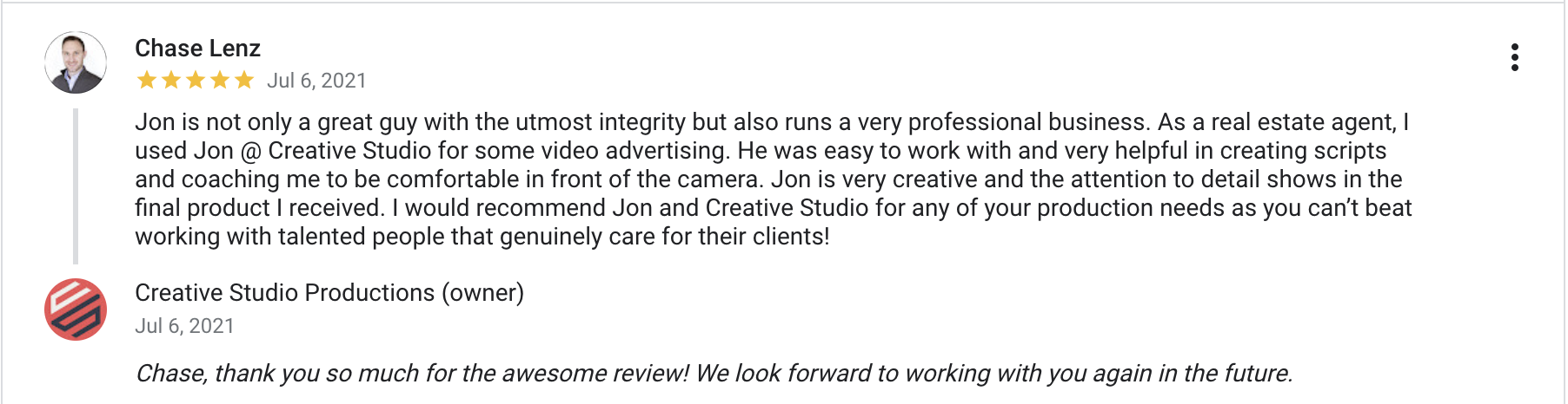 Screenshot of a five-star online review from Chase Lenz praising Jon at Creative Studio for video advertising services, with a profile picture of a man in a suit, dated July 6, 2021.