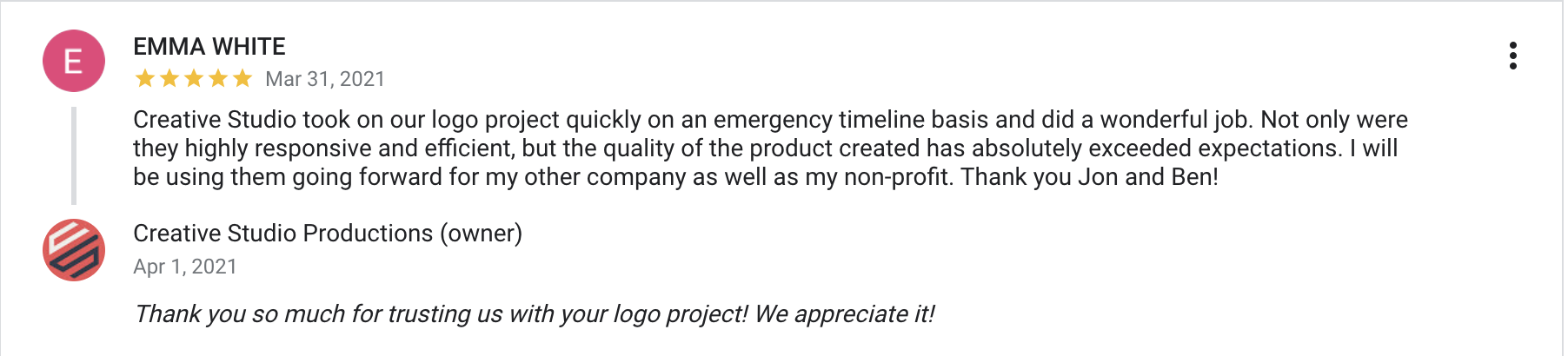 Customer review of Emma White praising Creative Studio for logo design, along with the studio's logo image.