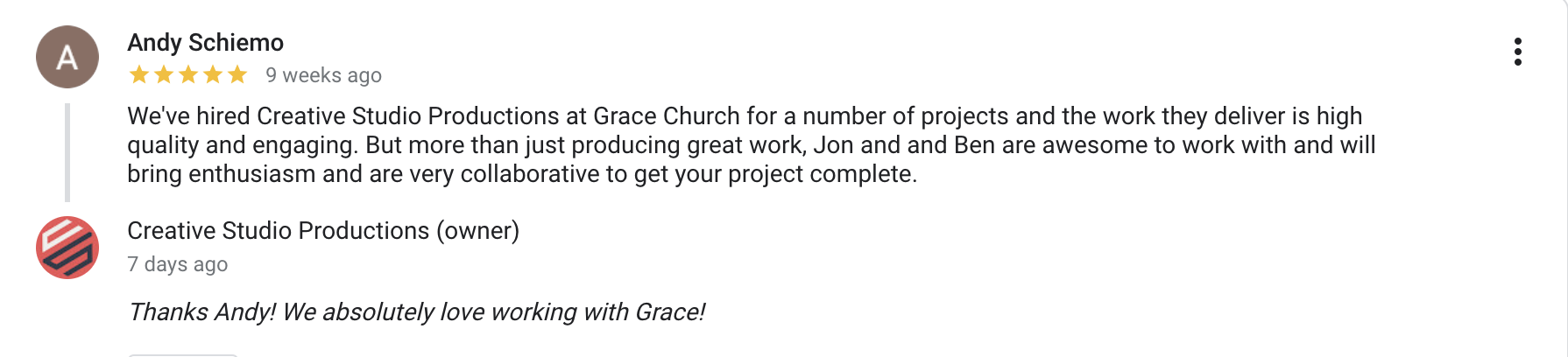 Screenshot of a five-star review from Andy Schiemo about Creative Studio Productions, praising their work at Grace Church and mentioning Jon and Ben.