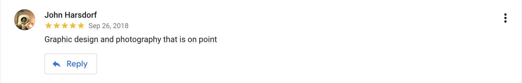 Screenshot of a Google review by John Harsdorf, dated September 26, 2018, giving five stars and mentioning graphic design and photography.