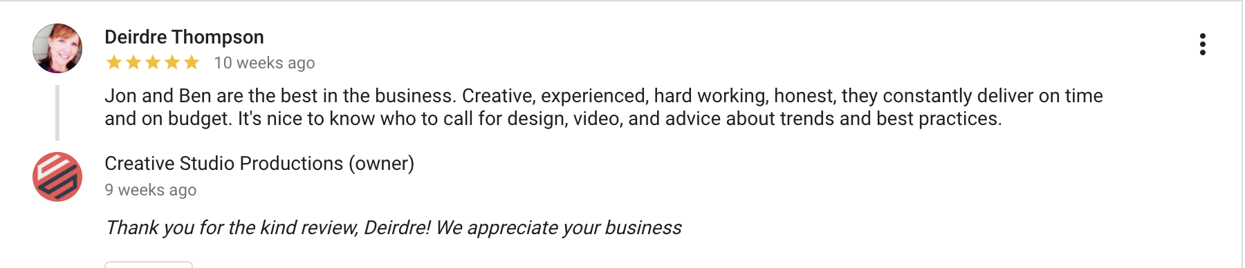 Screenshot of a Google review from Deirdre Thompson for Creative Studio Productions, praising Jon and Ben for their professionalism and creativity.