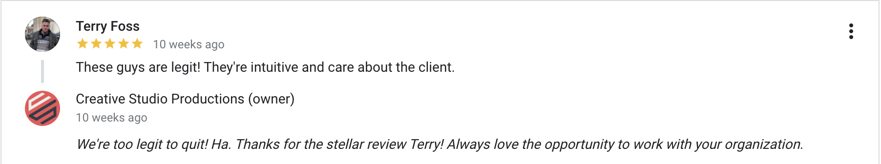 Screenshot of a Google review from Terry Foss praising the company's intuition and care for clients.
