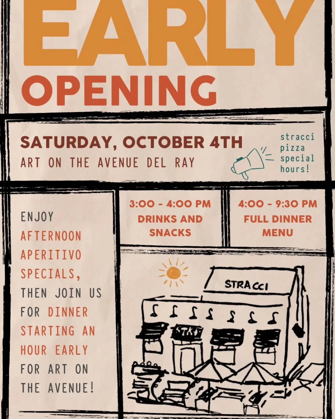 We're OPENING EARLY on SATURDAY, OCTOBER 4, for @artontheavenuedelray!
Enjoy drinks and snacks during Aperitivo Hour* from 3:00 to 4:00 PM, and join us for dinner starting at 4:00 for dine in and takeout.
We'll be serving up fall-inspired cocktail