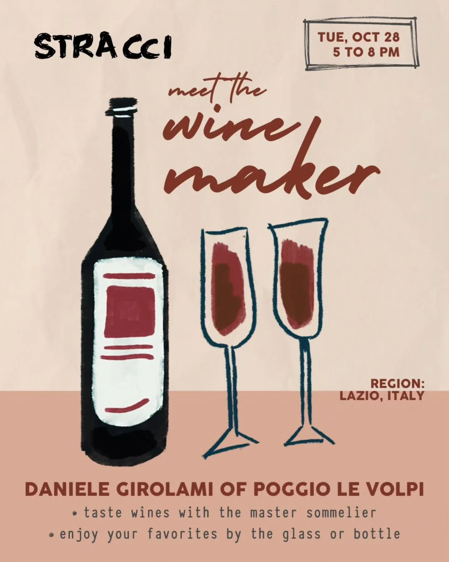 TUESDAY, OCTOBER 28 | MEET THE WINEMAKER
We're so excited to welcome Master Sommelier Daniele Girolami of Poggio le Volpi Winery located just outside Rome in the Lazio region of Italy.
We were lucky enough to visit Poggio le Volpi and meet Daniele