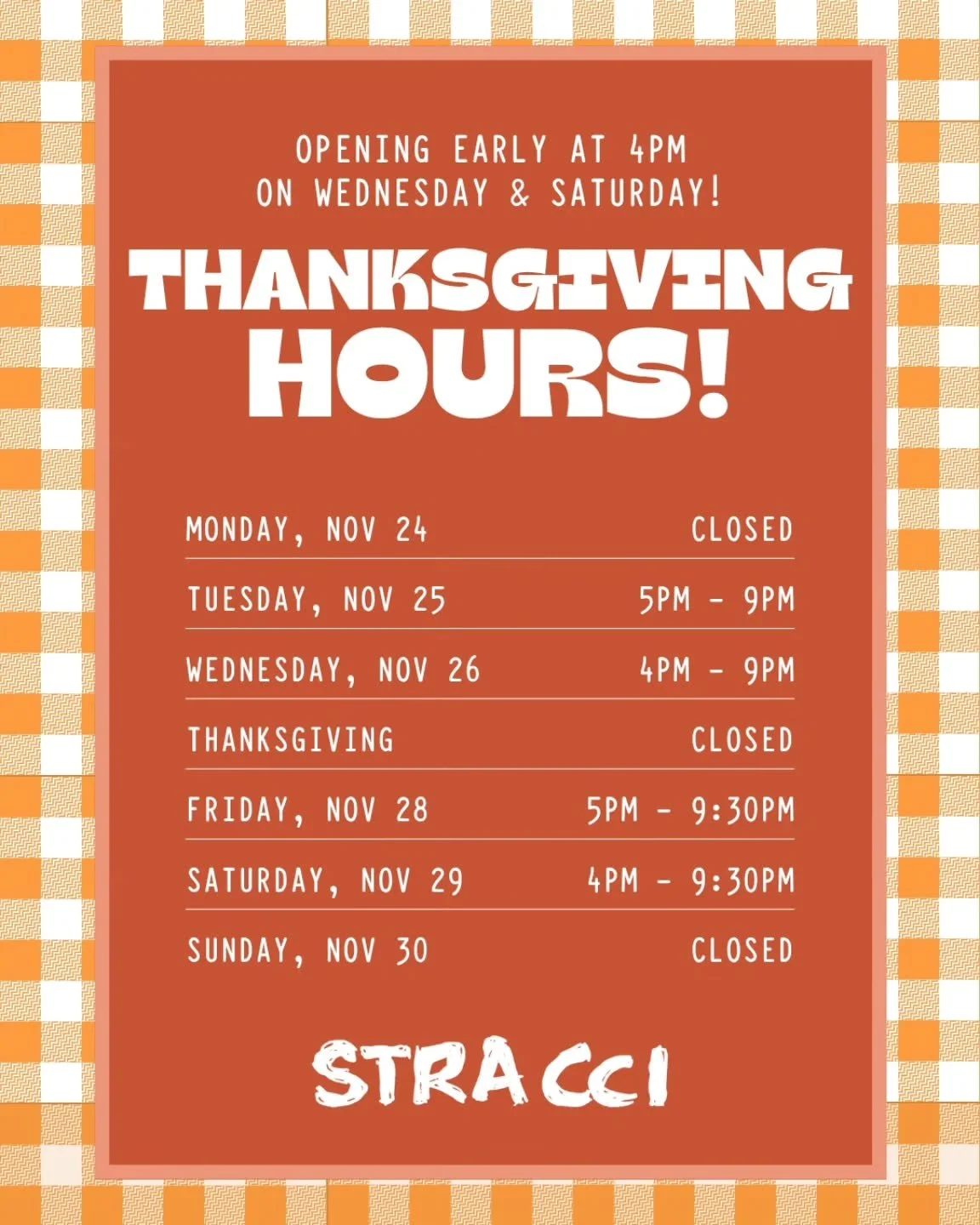 Reservations for the week of Thanksgiving are now open for groups of 5 or more! 
THANKSGIVING WEEK HOURS:
π TUE, 11/25 | 5PM - 9PM
π WED, 11/26 | 4PM - 9PM
π¦ THU, 11/27 | CLOSED
π FRI, 11/28 | 5PM - 9:30PM
π SAT, 11/29 | 4PM - 9:30PM
We’