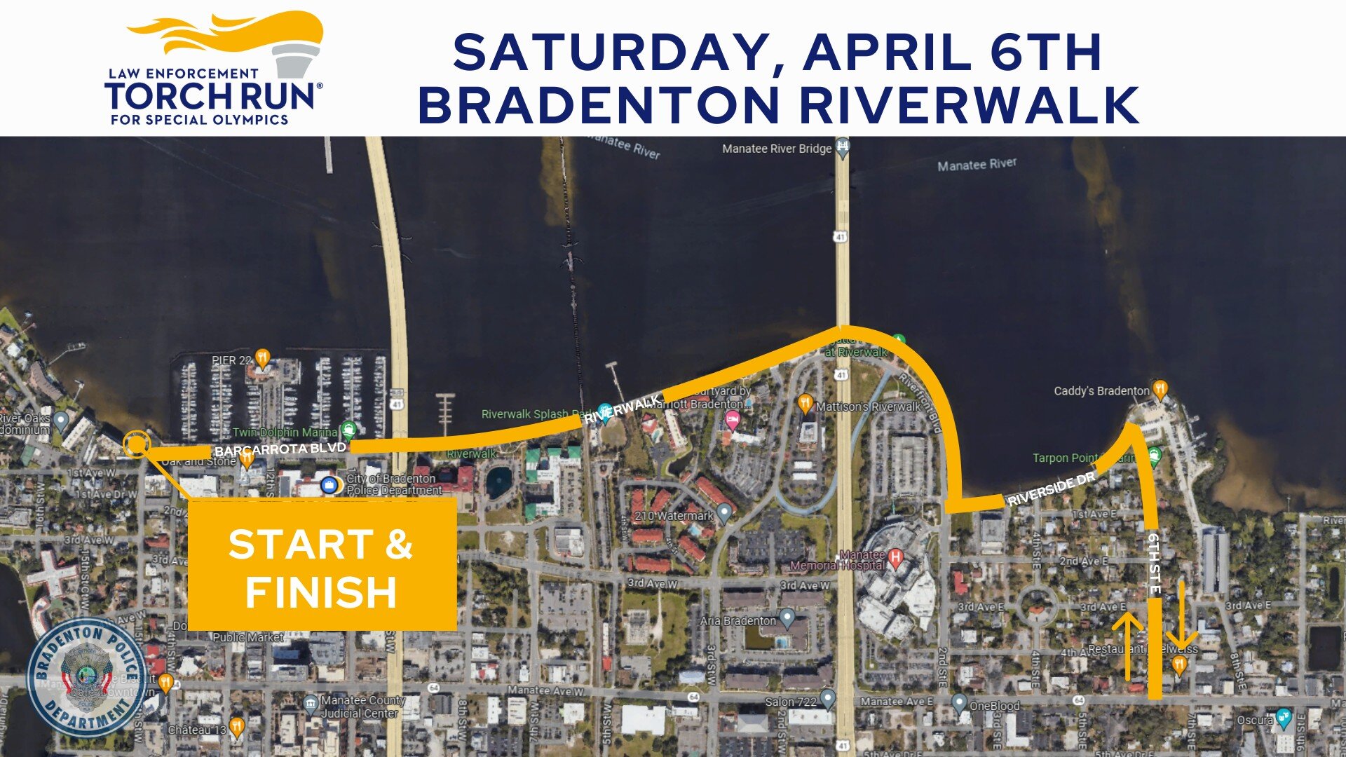 🔥 Join the Bradenton Police Department on the Bradenton Riverwalk on April 6 for the Law Enforcement Torch Run for Special Olympics Florida. The Kids Run Torch Dash is at 8 a.m. and the 5K begins at 8:30 a.m. The Manatee County Sheriff's Office will