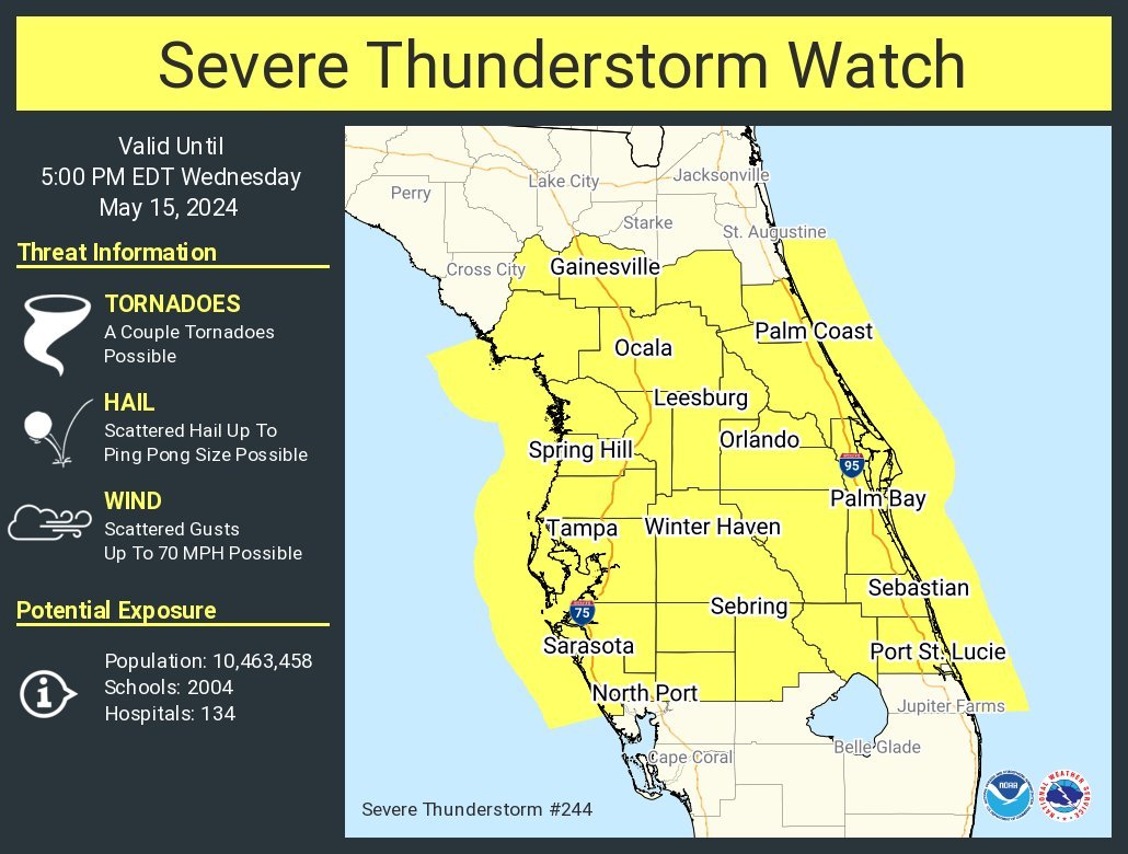 ⚠️ The National Weather Service has issued a Severe Thunderstorm Watch for Bradenton until 5 p.m. Severe storms, gusty winds, and large hail are possible.⚡️☔️