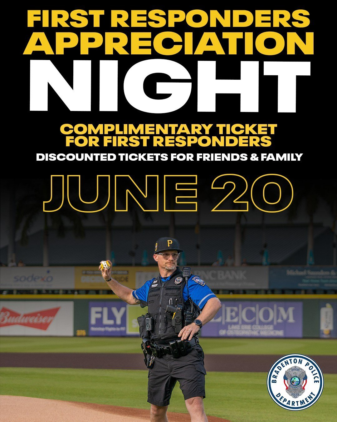 Make plans to join us Friday at the @bradentonmarauders First Responders Night! This is a touch-a-truck event, so bring the kids. We're very excited to announce that Officer Jorge Castro will make his National Anthem debut! Gates open at 5:30, and th