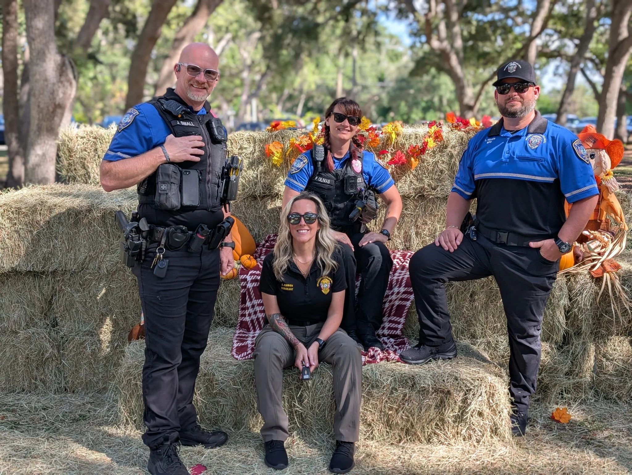 Hay there! BPD's CRA &amp; Crime Prevention officers couldn't help posing for a family photo at Friday's Goblin Gathering. This isn't the entire team ... a few bale-d on the photo op.
We'll see our way out.