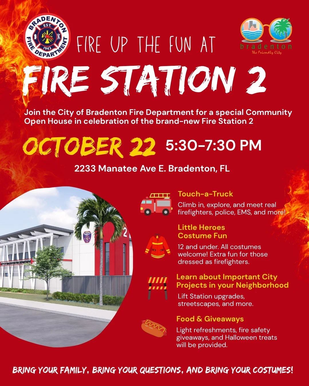 🚒 EVENT ALERT! 🚒  BPD will be celebrating the grand opening of the Bradenton Fire Department's Fire Station 2 on Wednesday. Join us at the open house celebration, from 5:30-7:30 p.m., at 2233 Manatee Avenue East.
The event will feature:
&bull; Stat
