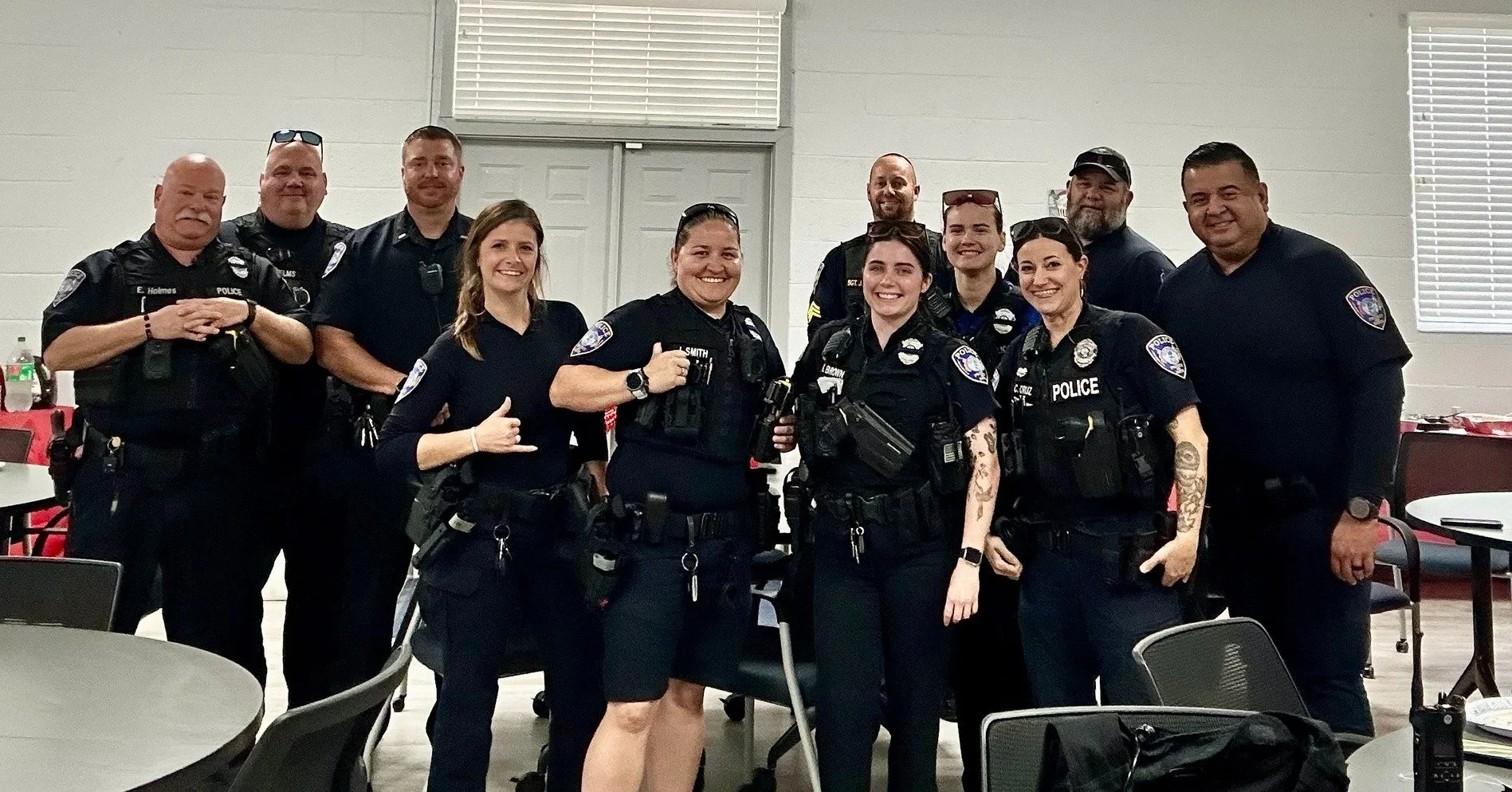 Alpha/Charlie family photo! Many of our dayshift officers found time to enjoy a quick potluck Thanksgiving meal between calls for service. Here's *most* of the day shift on turkey day. Our afternoon &amp; night shift officers also had a chance to enj