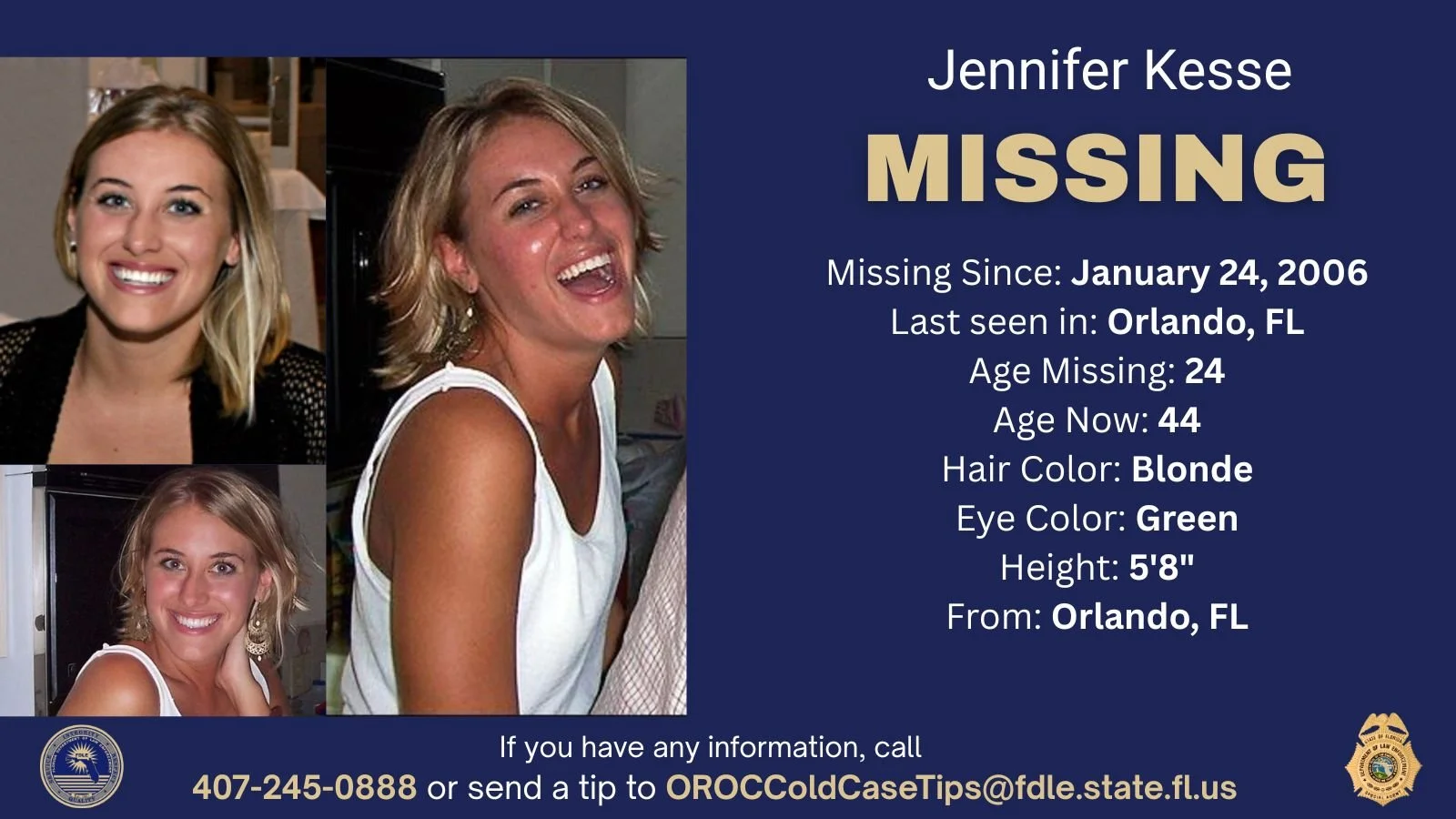 Today marks 20 years since Jennifer Kesse, 24, was last seen leaving her apartment in Orlando. She has not been located. Her parents, who live in Bradenton, hope someone will come forward with information that will help solve this case. Even the smal