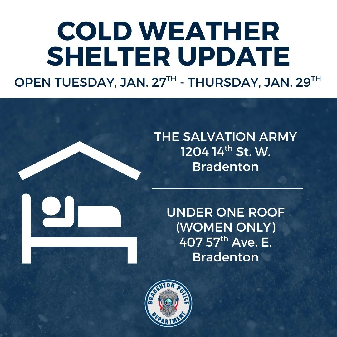 ❄ COLD WEATHER SHELTER UPDATE! ❄ Manatee County extended its cold weather shelter operations due to prolonged cold weather impacting our area. The following shelter locations will be open tonight (Jan. 27), Wednesday night (Jan. 28), and Thursday nig
