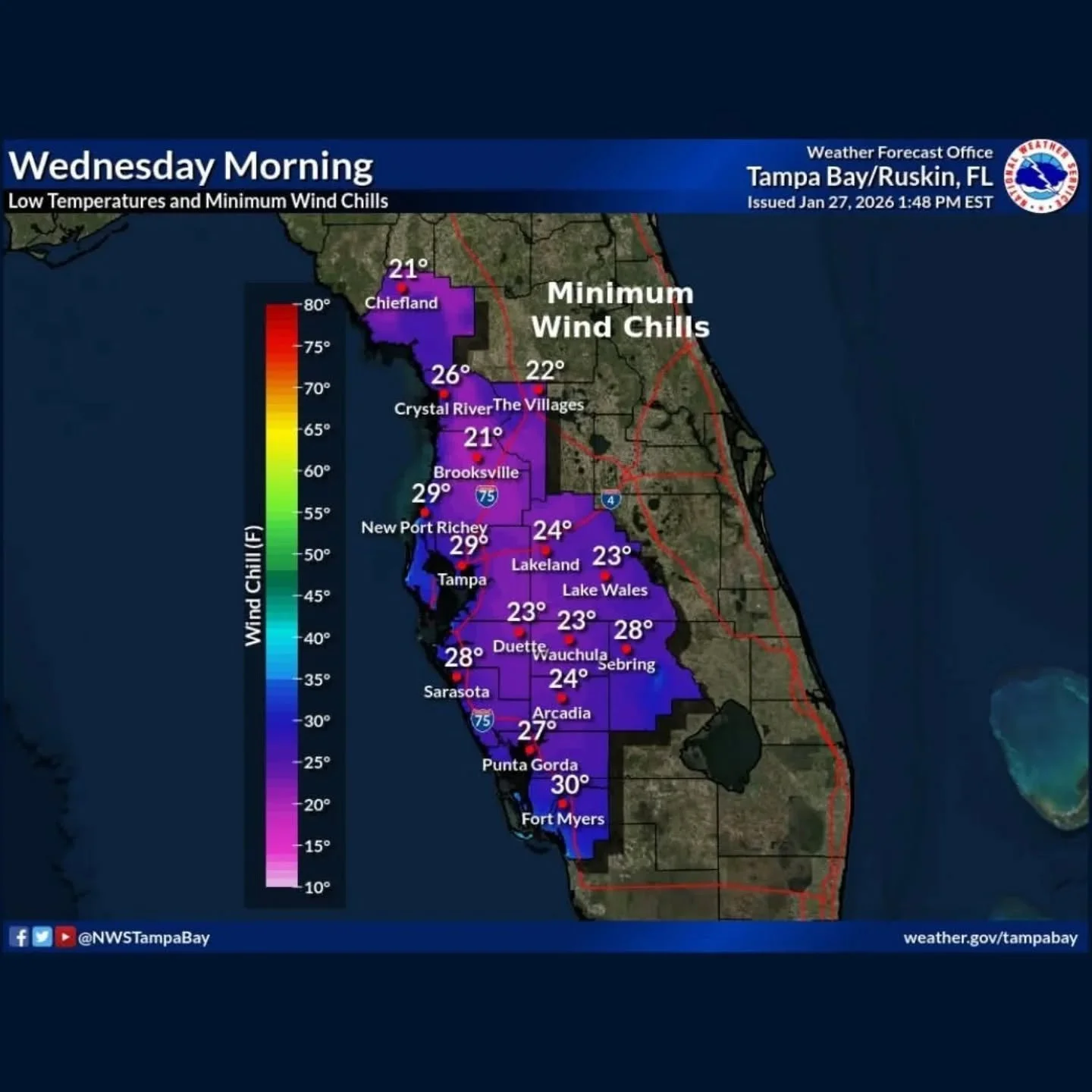 ❄ COLD WEATHER UPDATE! ❄ There is a FREEZE WARNING for interior Manatee County tonight, and the minimum wind chill in Bradenton could dip into the 20s! Protect your pets (bring them inside!), plants, and pipes! Please check on neighbors who might not