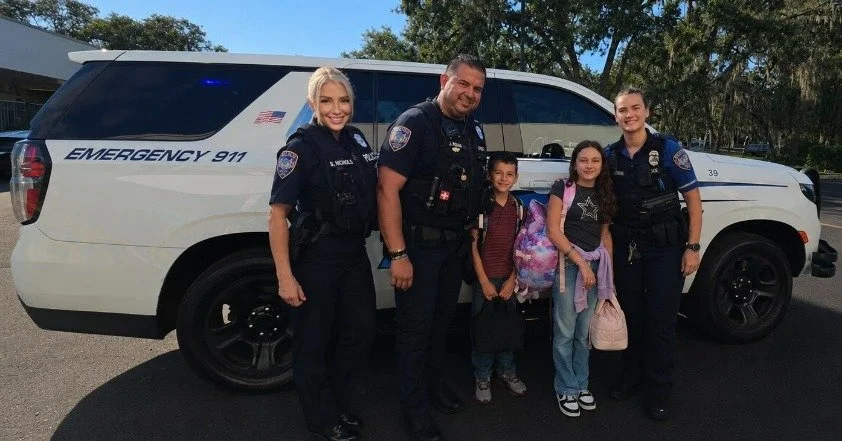 Today was the first day of school for Pasco County students. In his honor, Detective Nichols, Officer Rada, and Officer Olivas escorted Officer Zach Butterfield's son and daughter to class today, alongside his wife, Michelle. Zach died by suicide in 