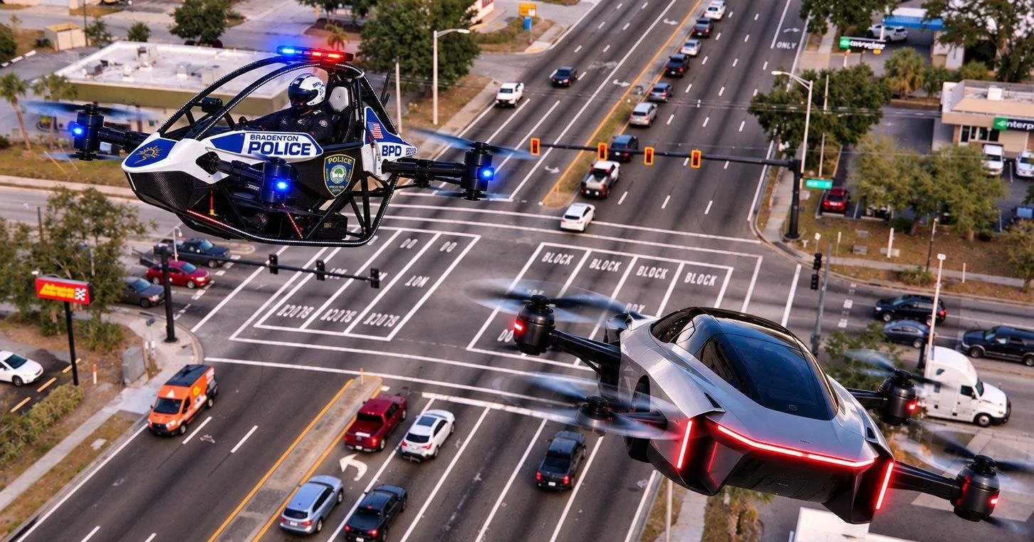 We are aware of the recent developments in flying vehicles - including flying patrol cars - as demonstrated at @flpoly this week. We have questions. 🚔✈️ Can you pull over a flying car for speeding? If so, what's the speed limit? Who has the right-of