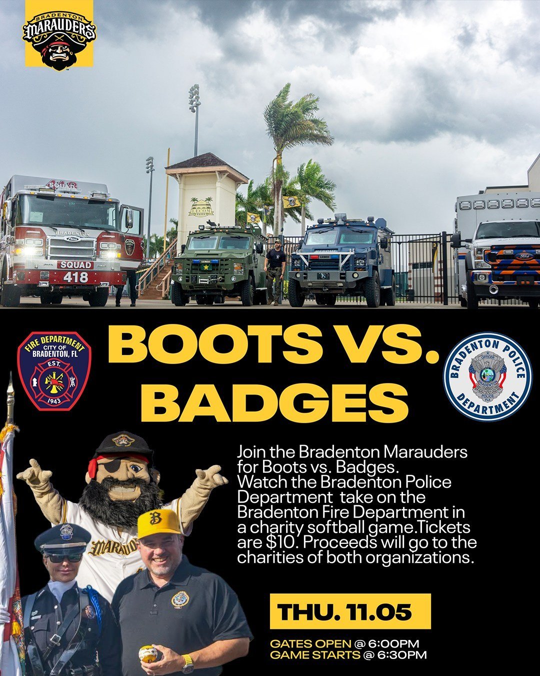 ⚾ Need a palate cleanser after the Tampa Bay Rays World Series loss? We've got an idea! 
👏🚒🚔 Join us for the Boots vs. Badges charity softball game! Bring the family and cheer on BPD - or the Bradenton Fire Department (no judgment, but we prefer y