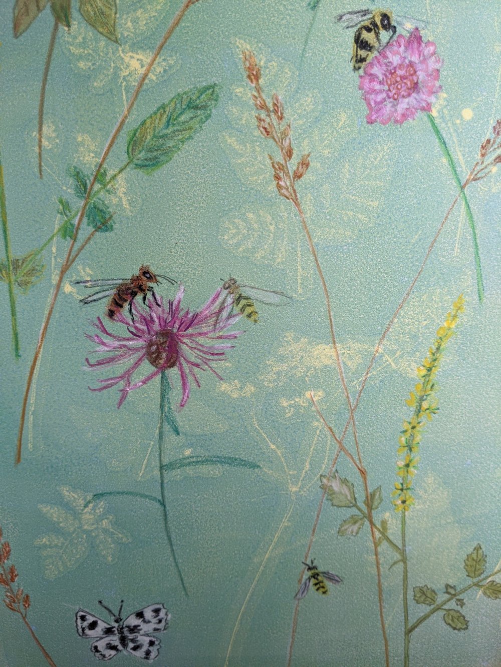 'Just bees and things and Flowers' monoprint artwork by Jill Poole.jpg