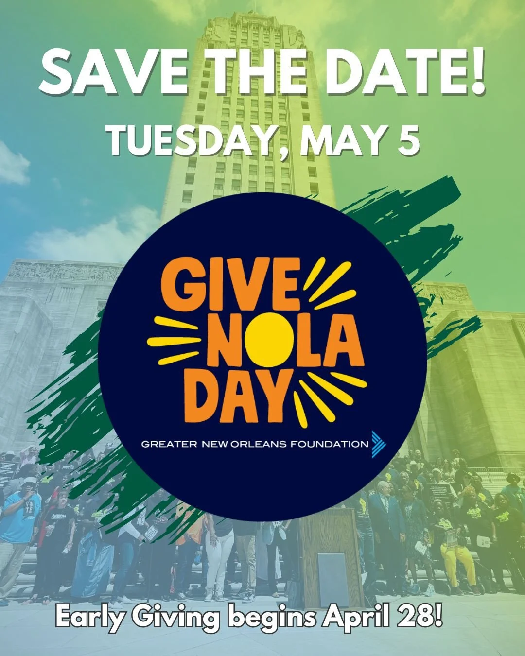 #SaveTheDate: We are OFFICIALLY less than a month away from #GiveNOLADay2026 with early giving beginning in three weeks! Help us set a record for both money raised and number of donors during this one-day online giving event.