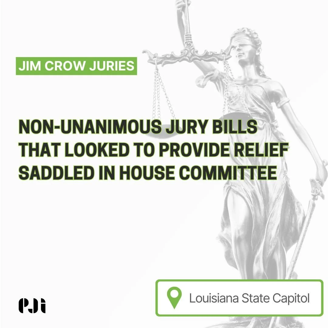 Unfortunately on Wednesday, HB 219 which would have provided a pathway for people incarcerated with non-unanimous juries (NUJs) to receive a new sentencing hearing, was voluntarily deferred understanding the bill wouldn't have passed.⁠
⁠
HB 1065, aut