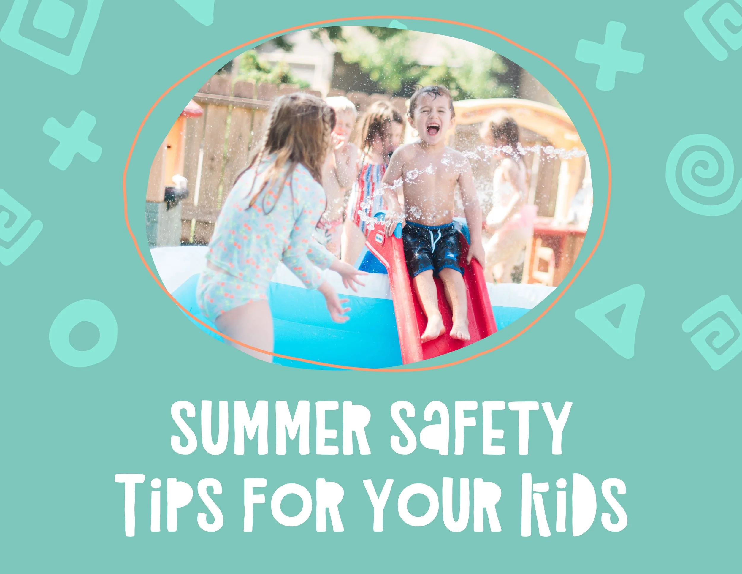graphic of little boy getting sprayed with a hose while going down a plastic slide