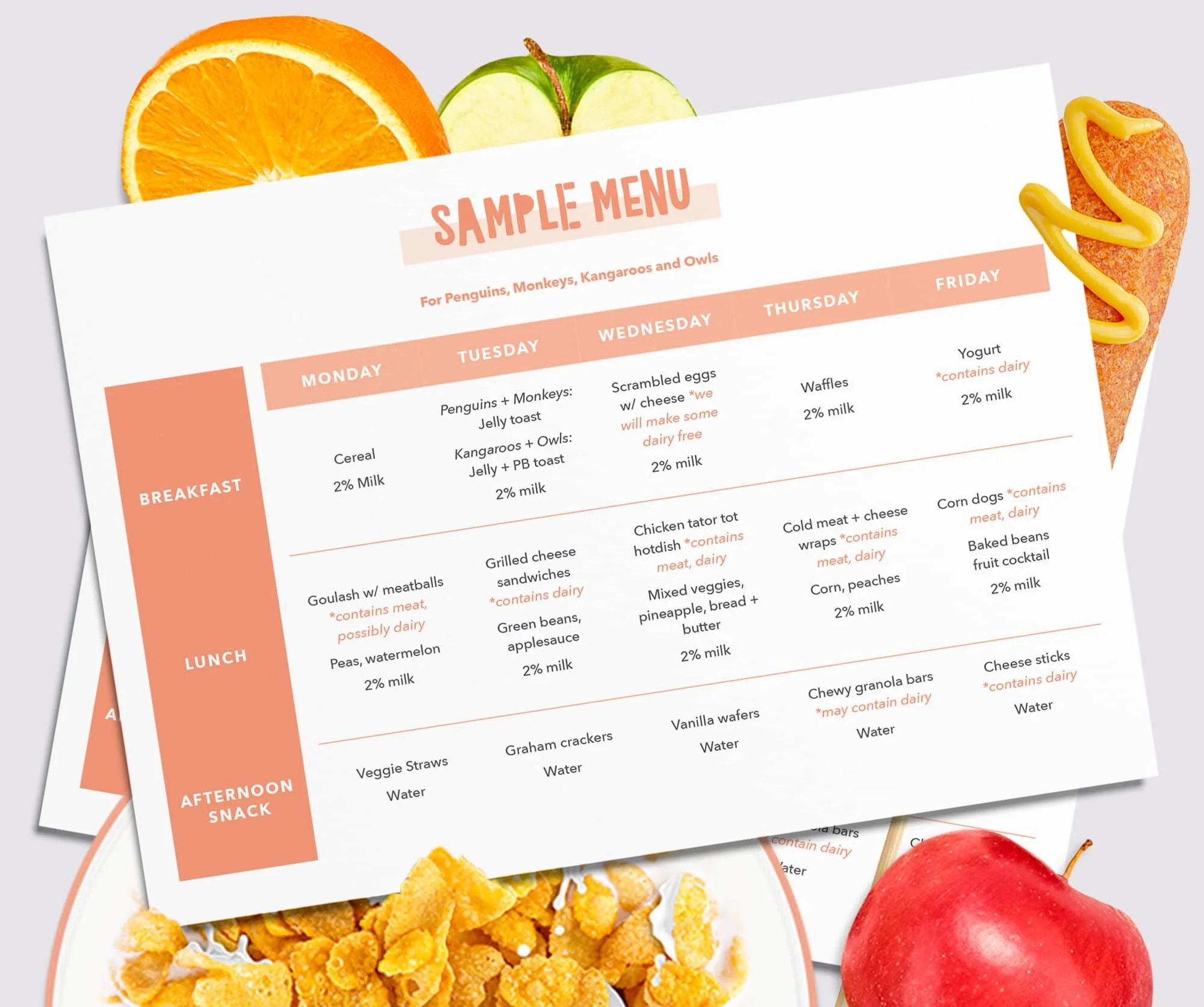 Menu mockup with cereal apple orange corndog with mustard