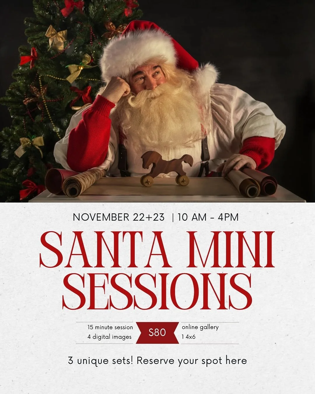 Get ready for the holidays! For just $80 plus tax, you'll receive: photos with Santa, photos in our minimalist preset set and Christmas sled, 1 4x6 print of your choice plus the matching digital image, and 3 bonus digital images. Don't miss out! This
