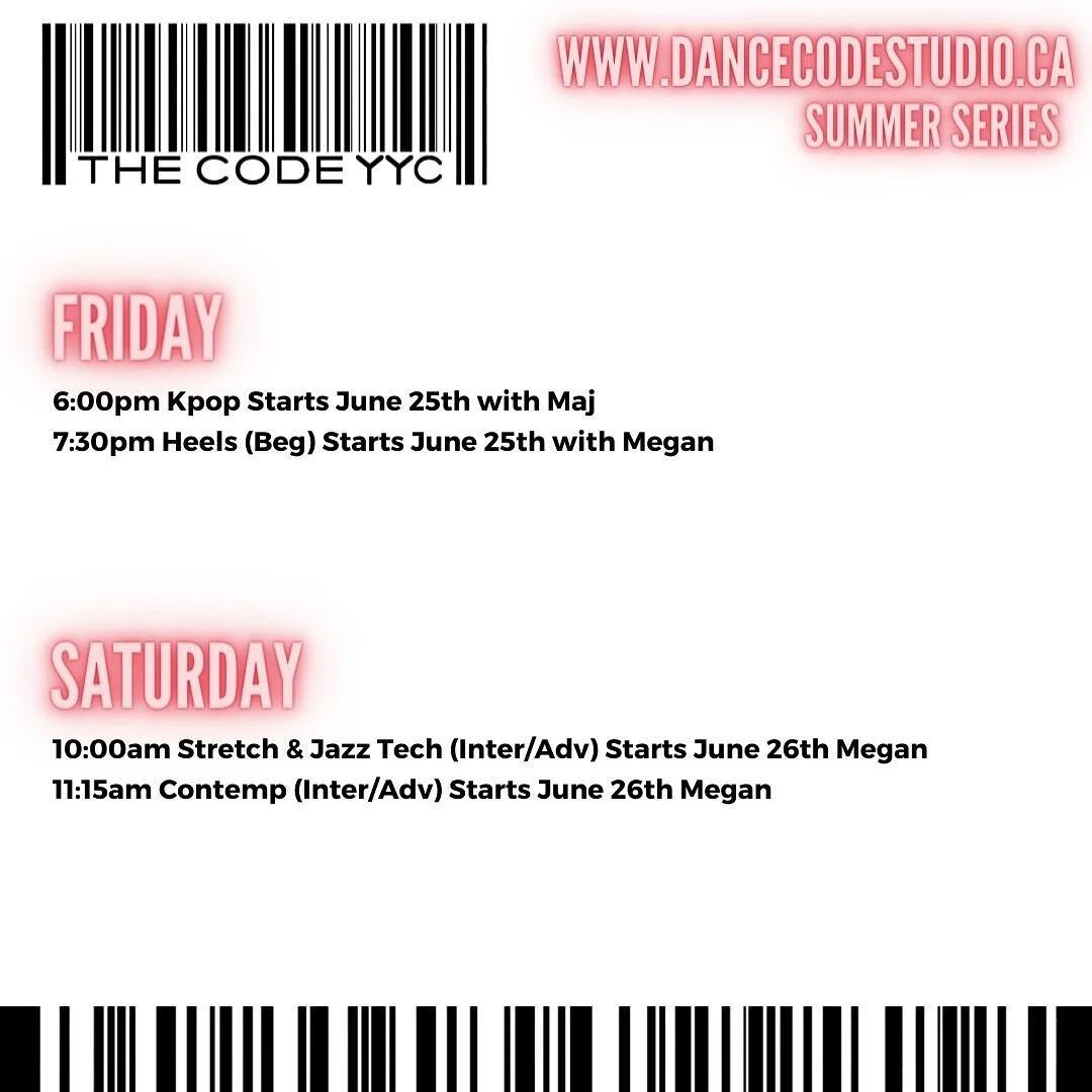 THE CODE YYC

Registration opens this Sunday visit 
Www.dancecodestudio.ca to register 
Weekly drop in classes 
Specialty Pop up classes 
Calgarys adult drop in dance Center beginner to adv classes!