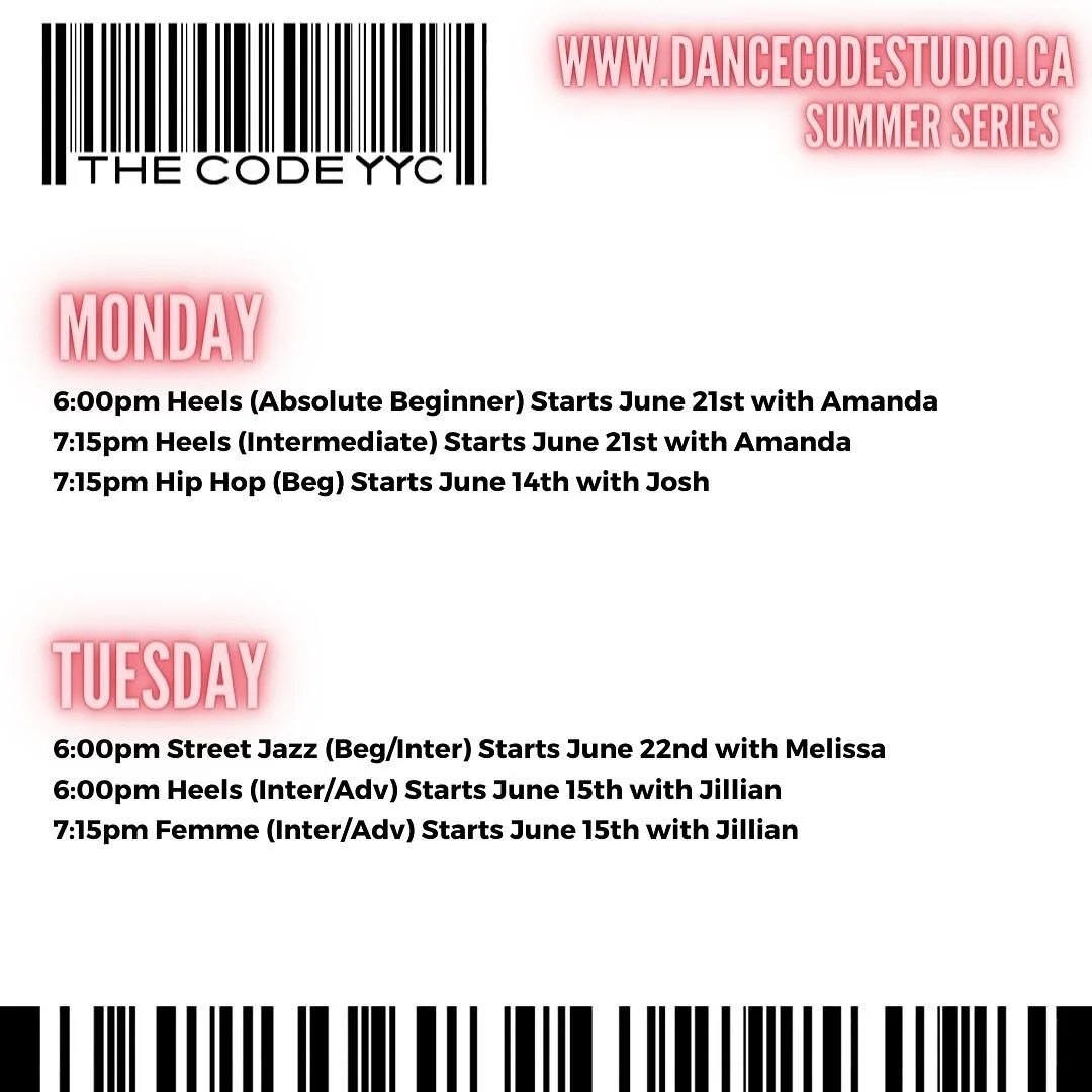 THE CODE YYC

Registration opens this Sunday visit 
Www.dancecodestudio.ca to register 
Weekly drop in classes 
Specialty Pop up classes 
Calgarys adult drop in dance Center beginner to adv classes!