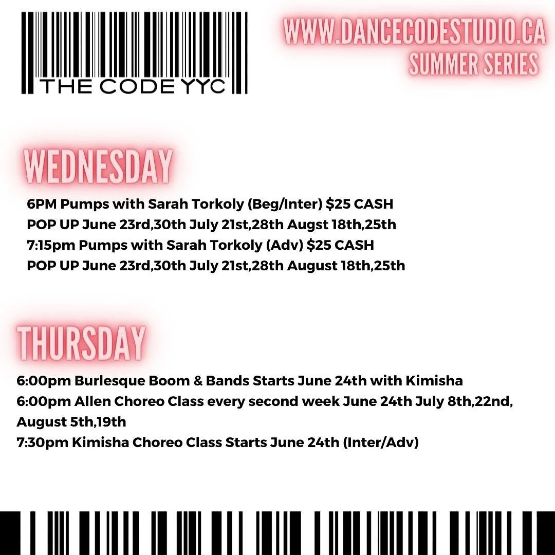 THE CODE YYC

Registration opens this Sunday visit 
Www.dancecodestudio.ca to register 
Weekly drop in classes 
Specialty Pop up classes 
Calgarys adult drop in dance Center beginner to adv classes!
