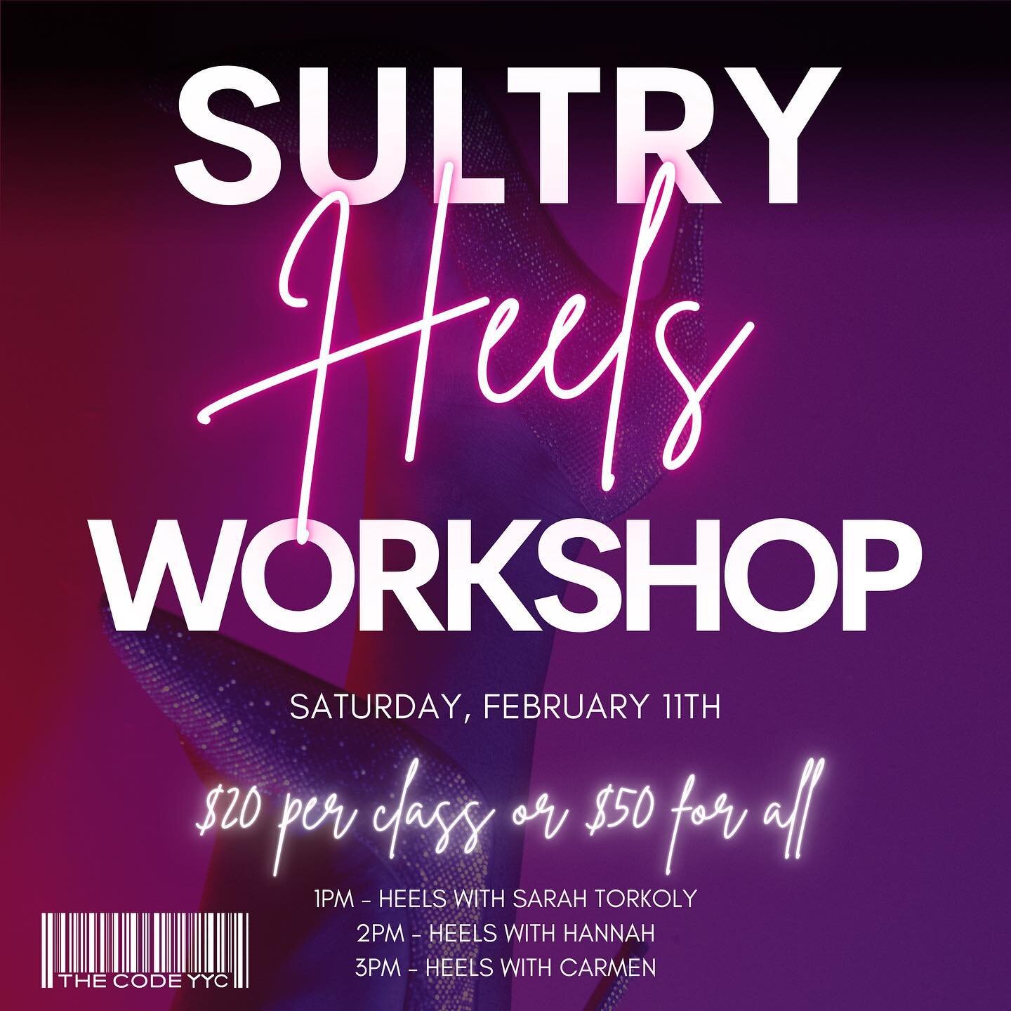 YYC Get ready for our Sultry Heels workshop! 

Saturday, February 11th. 

1:00PM - @storkles 
2:00PM - @hannahmaarry 
3:00PM - @_carmendesilva_ 

Visit our website now for all the details and registration. 

#thecodeyyc #heels #classes #yyc #calgary