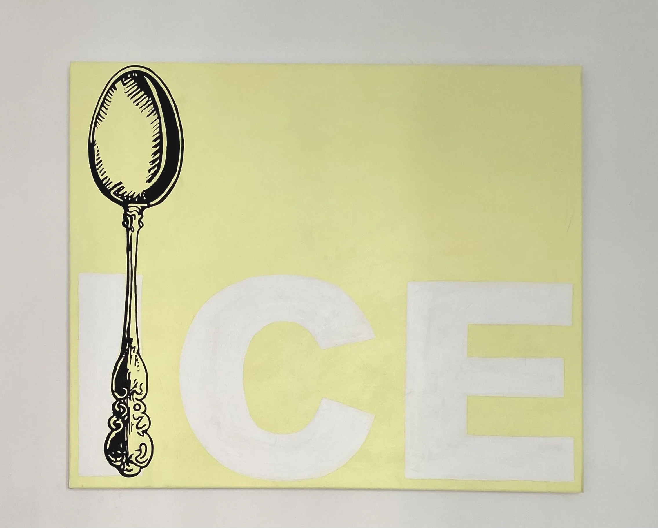 Illustration of a spoon with a long handle on a yellow background with large white letters "C" and "E".