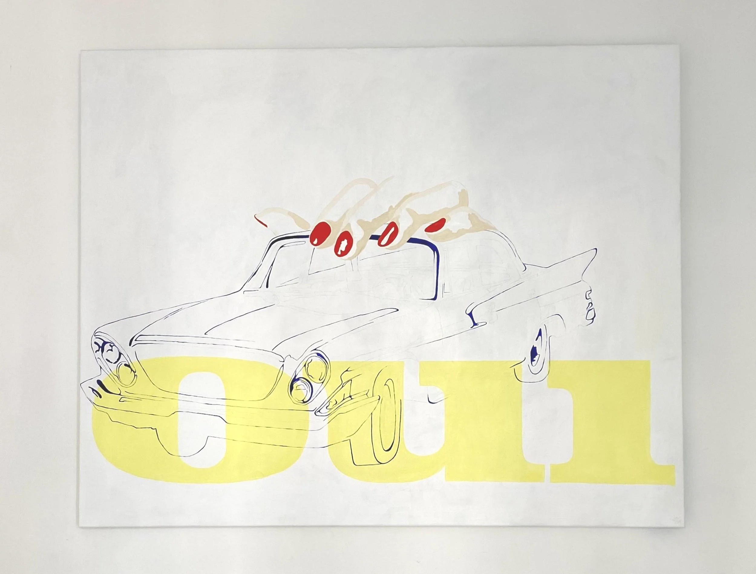 Line drawing of a classic car with a large yellow number 300 behind it, topped with stylized hands with red nails.