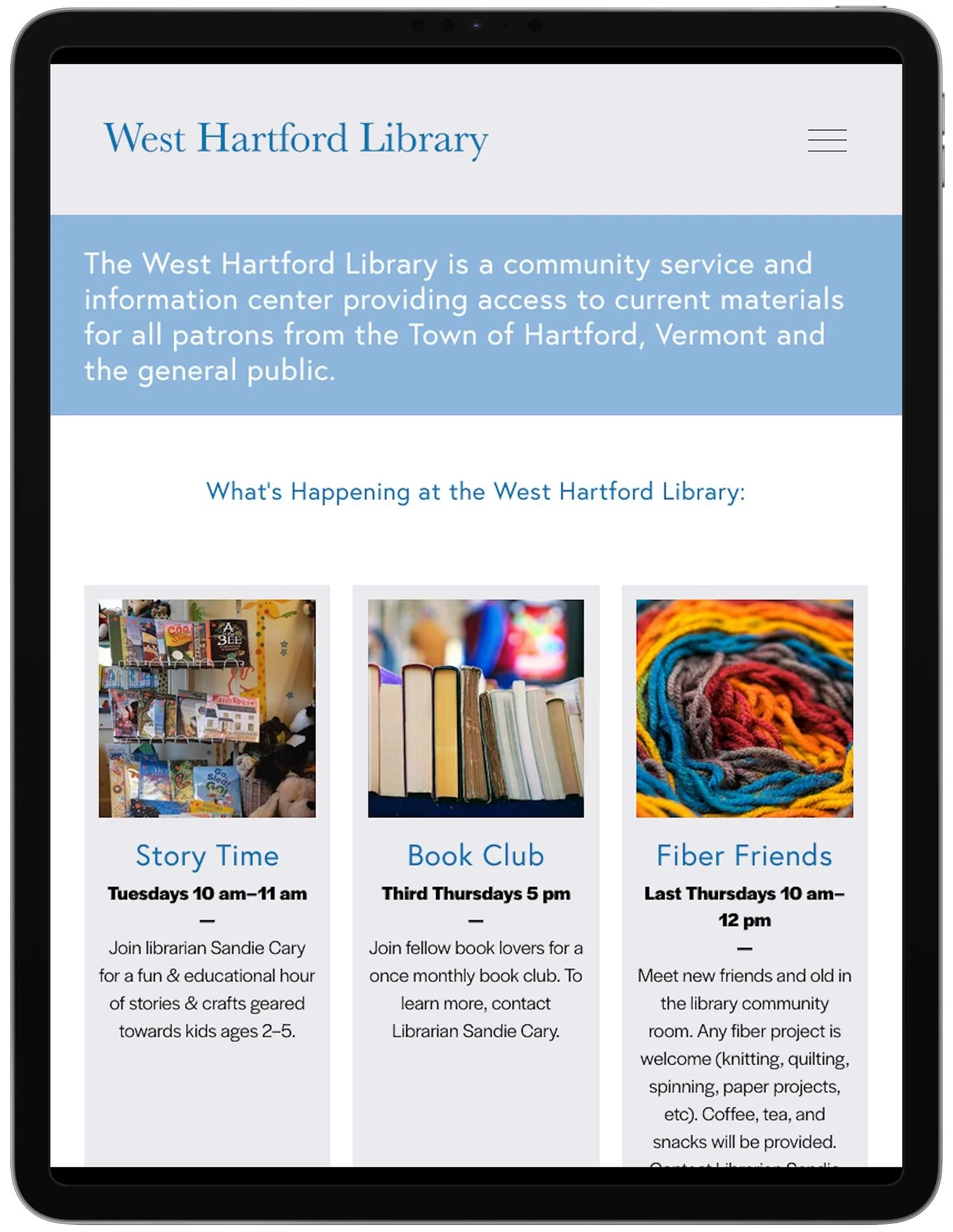 Library web design for West Hartford Library in Vermont